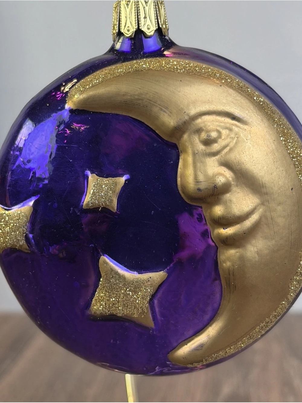 Christborn Germany Purple & Gold Blown Glass Moon Face Ornament Celestial Stars